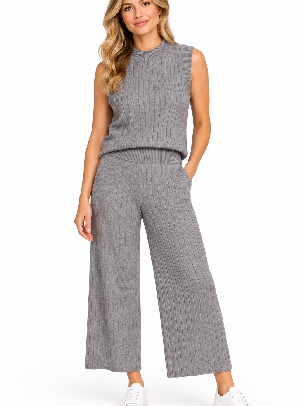 Gray Ribbed Knit 2-Piece Sleeveless Top & Wide Leg Pants Set